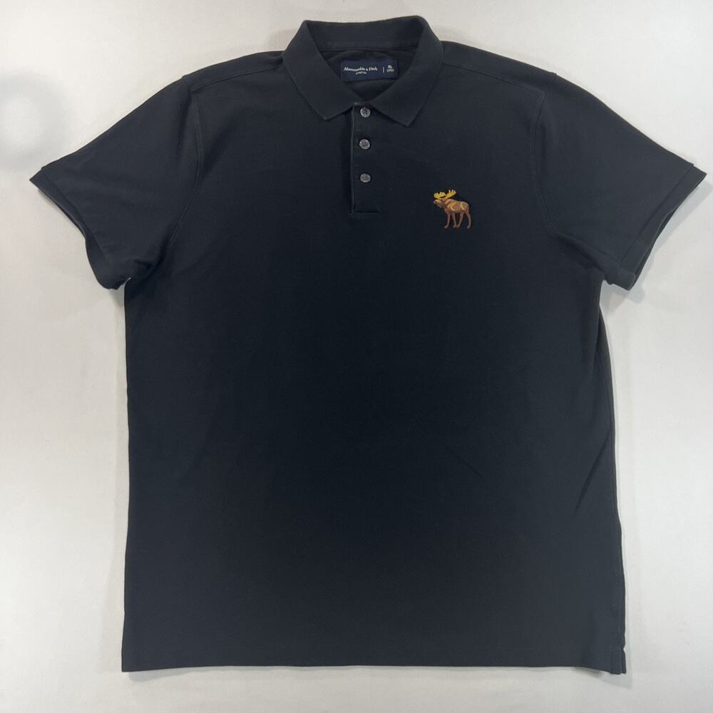 Abercrombie Polo Slim Fit Shirt Mens XL Black Short Sleeve Moose Embroidered